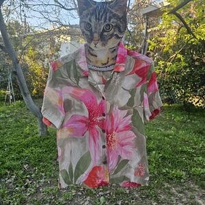 Caribbean Joes Silk Blends Pink Floral Button-Up Camp Shirt